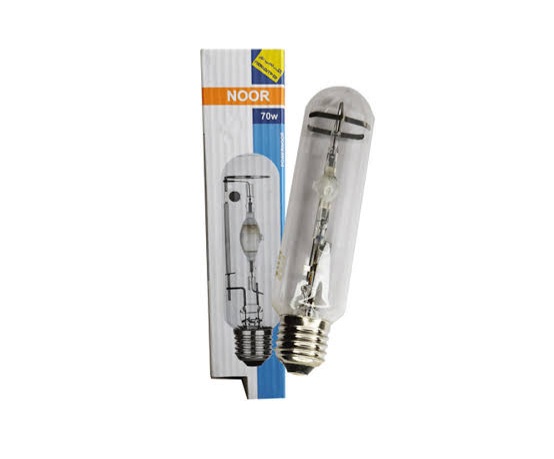 لامپ متال هالید 70 وات، استوانه‌ای، با سرپیچ E27، مناسب روشنایی صنعتی و فضای باز